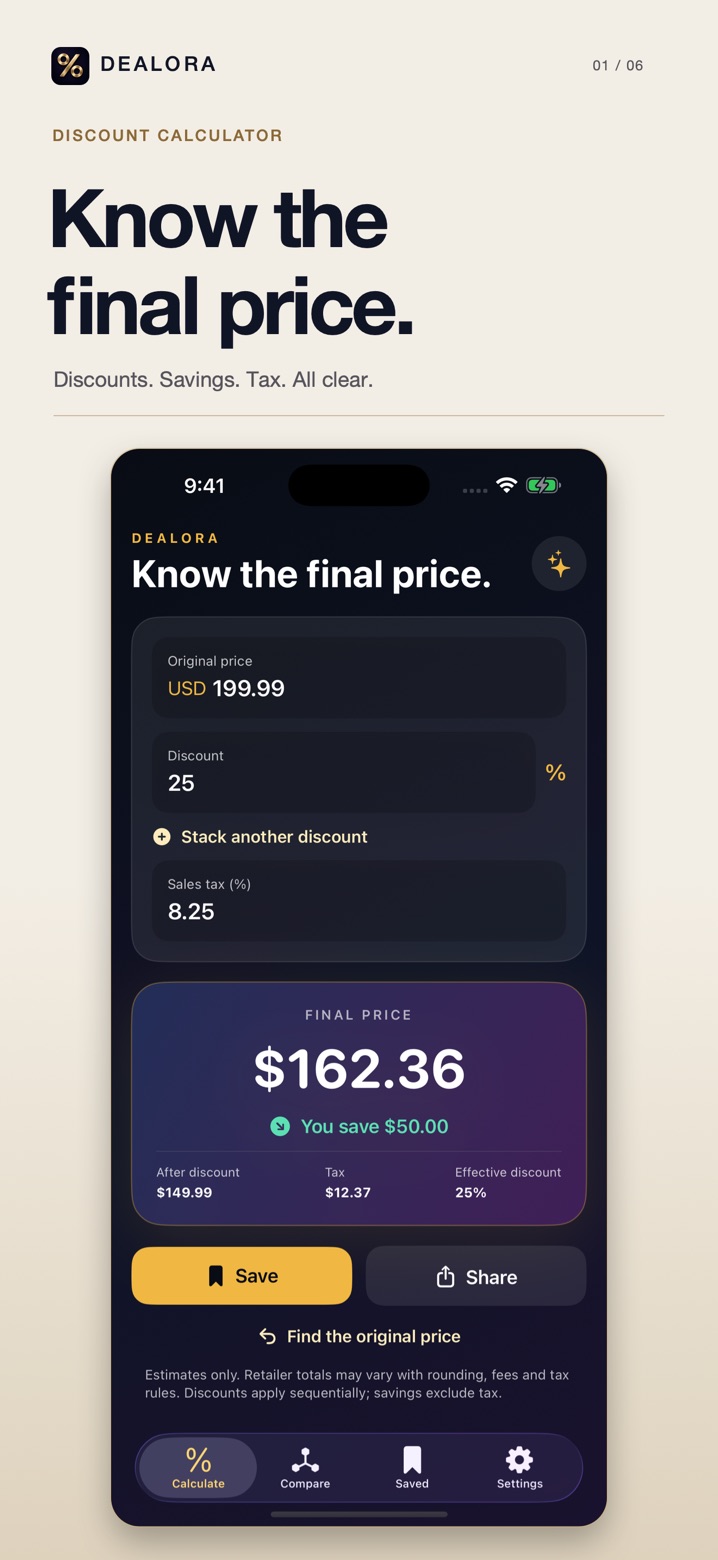 Dealora discount and tax calculation interface